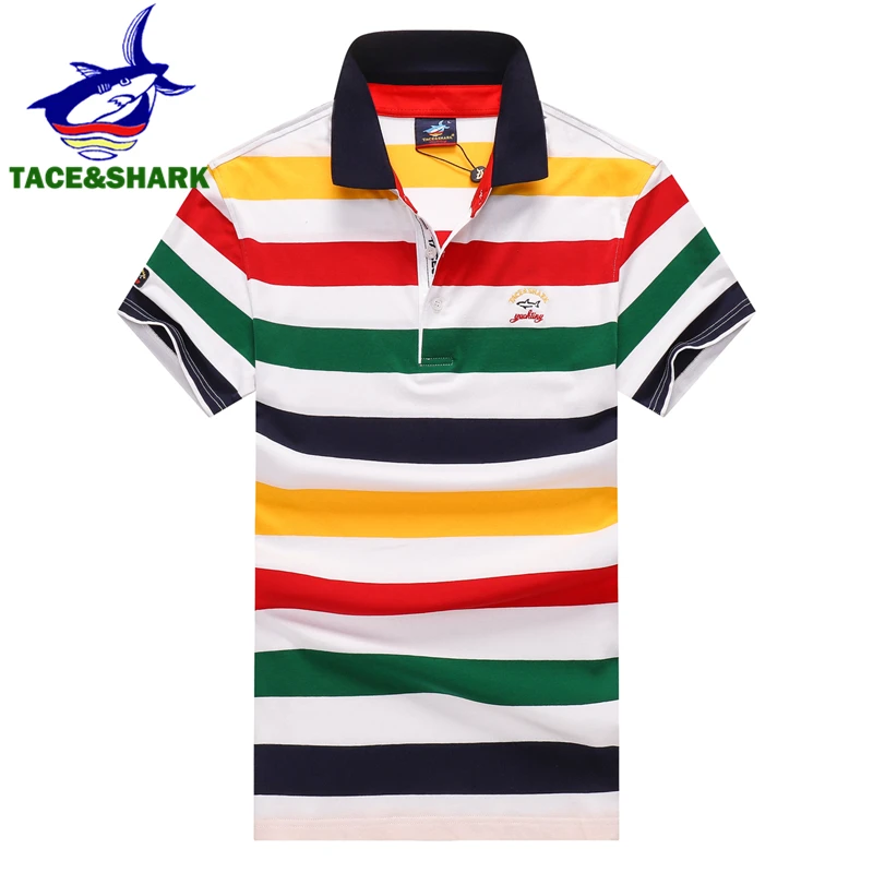 

TACE&SHARK Casual Color Stripes Shark Embroidery Short Sleeve Polo Shirts Fashion Brands Stripe Camisa Polo Homme Men Clothing