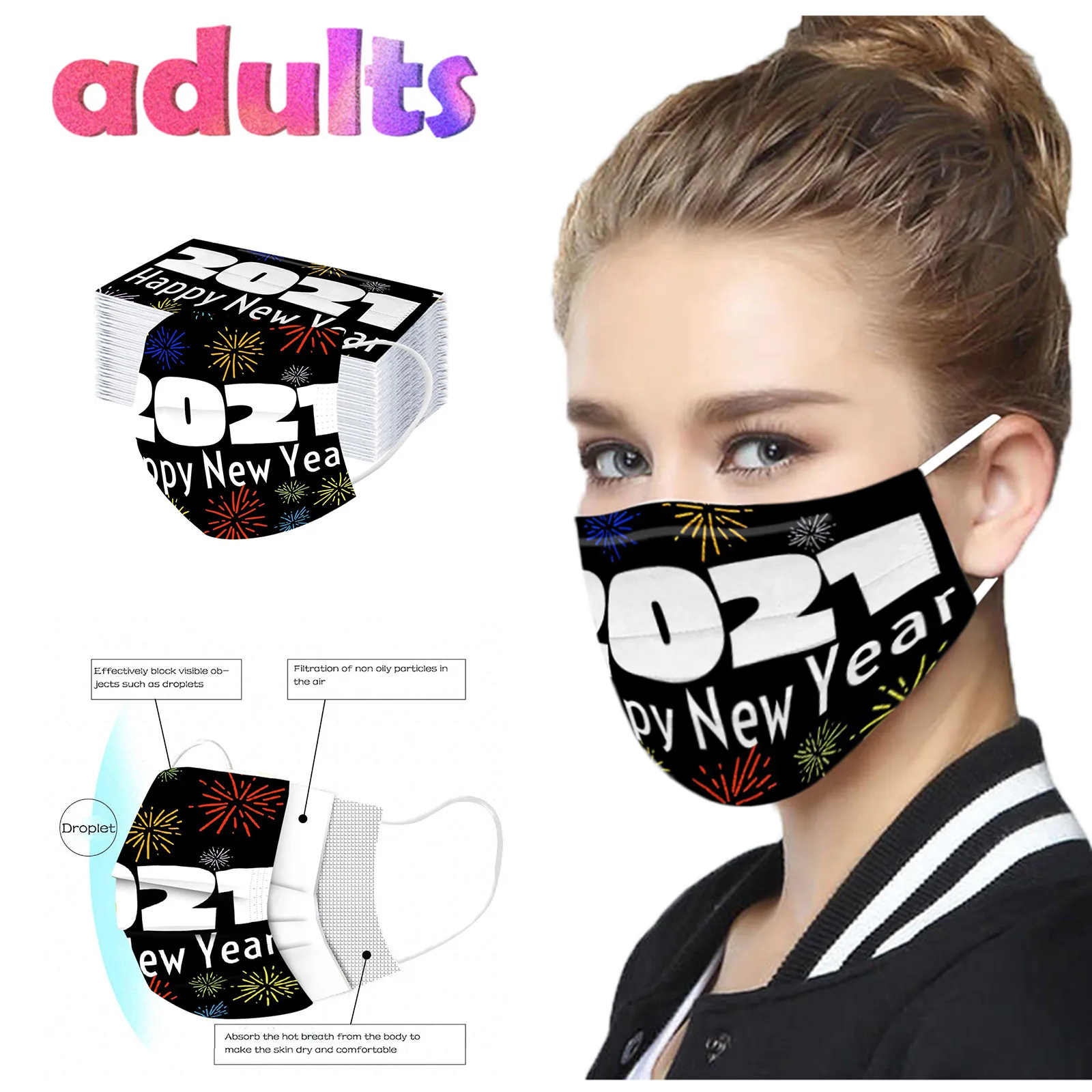 

mscara mascarillas 2021 Headband Happy New Years Adult Disposable Christmas Mask 3 Layer Earring Face Mask 24 hours delivery #1