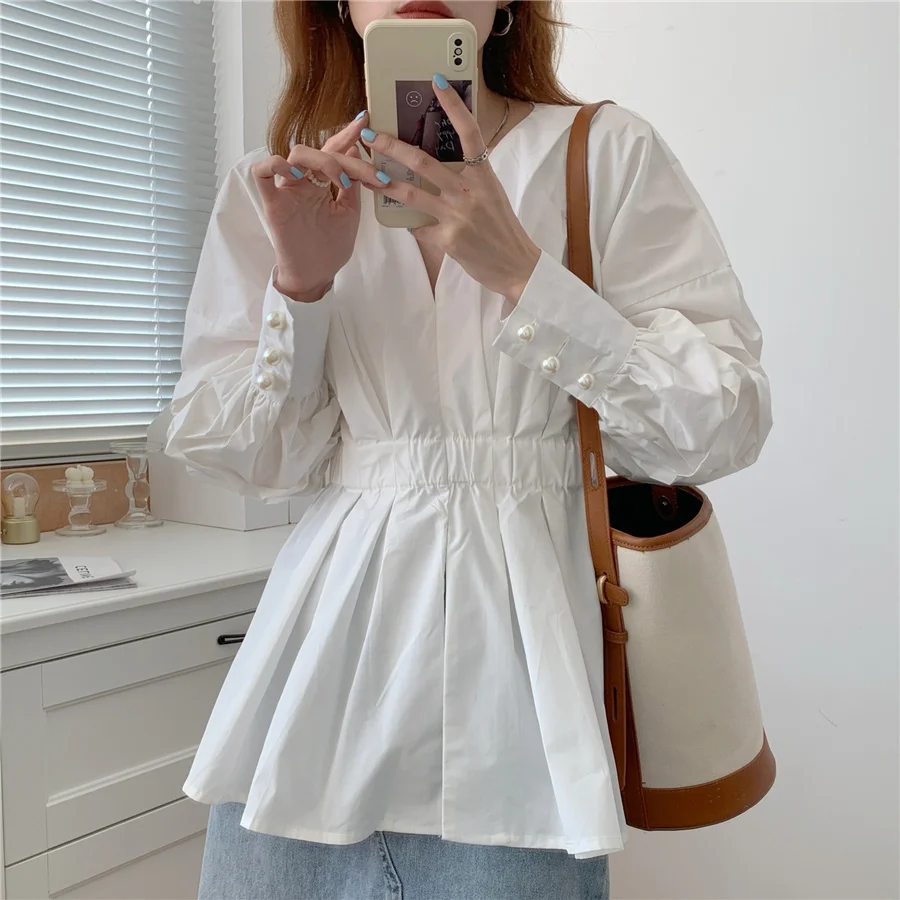 

S Korean Shirt Women New Design Puff Sleeves V Neck Top Long-sleeved Casual Shirt Ladies Tops E285