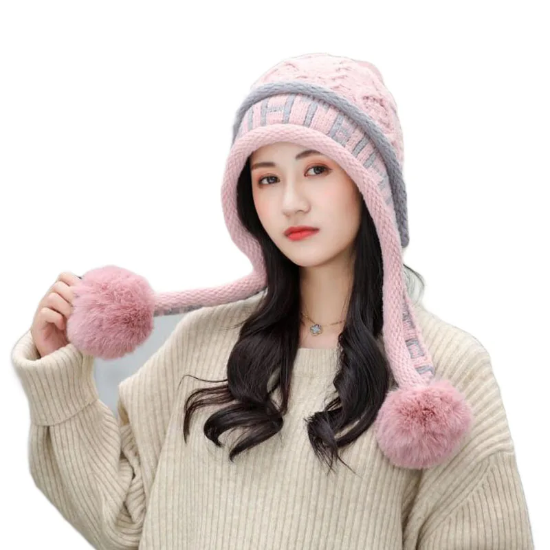 

Fashion Women's Winter Hat Female Add Fur Lining Knitted Hat With Pompoms Ball Beanie Cap Girls Thick Warm Beanie Hat