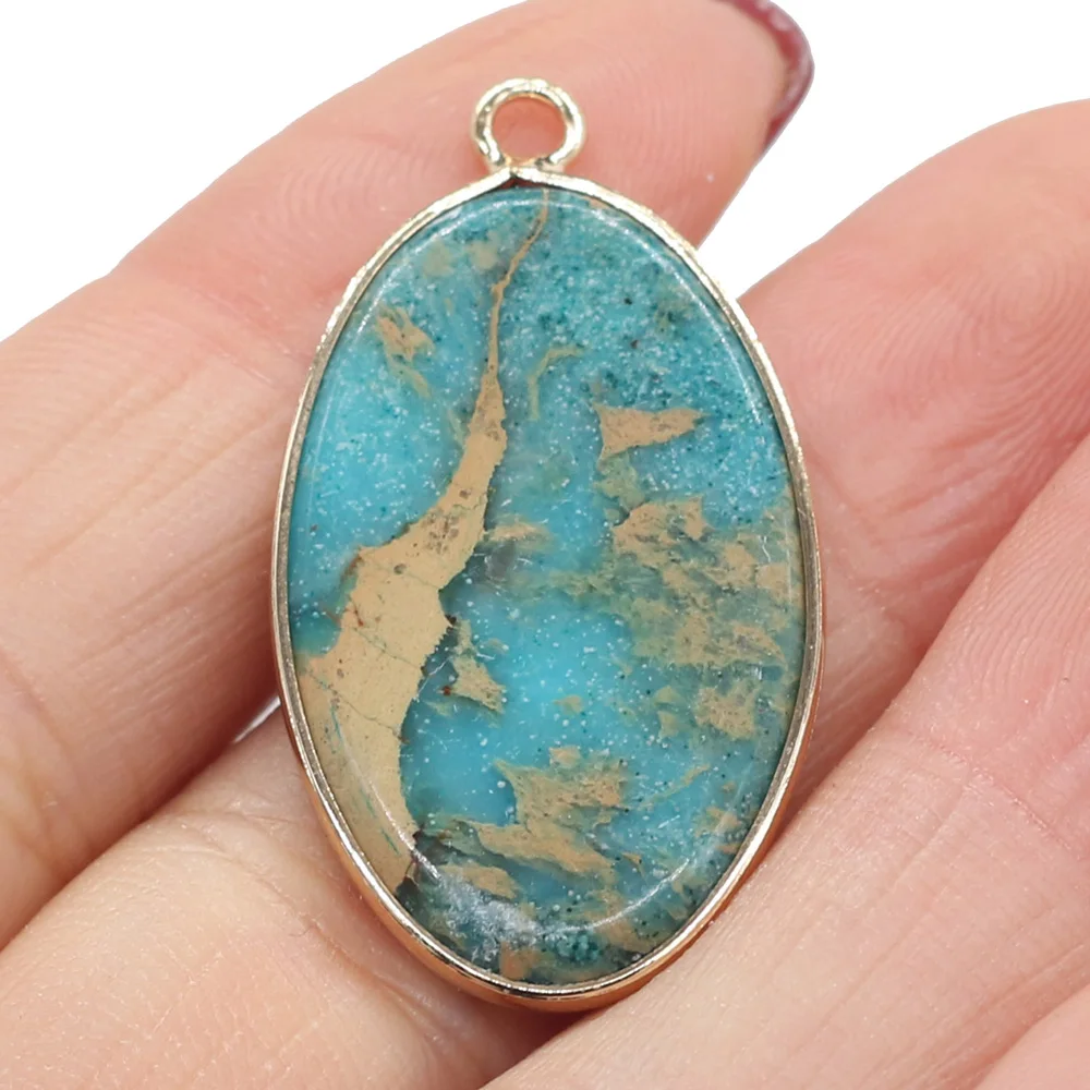 

Natural Stone Gem Blue Ocean Ore Oval Pendant Handmade Crafts DIY Necklace Earrings Jewelry Accessories Gift Making Size 20x35mm