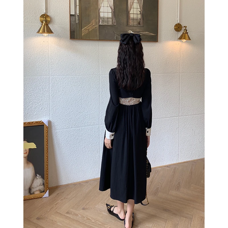 Женское винтажное платье средней длины элегантное однотонное черное вечерние во