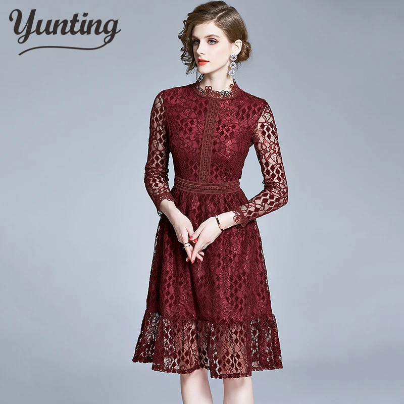 

2021 New Elegant O-neck Lace Patchwork Women Dresses Autumn Winter Long sleeve Vestidos High Waist A-line Dress