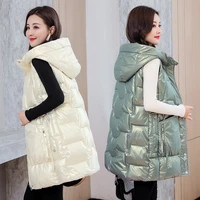 solid hooded long vest women winter waistcoat fashion shiny coat women elegant glossy winter vest jacket female