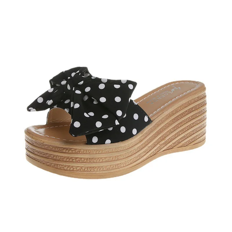 

2021 Spring and Summer New Daily Women's Bow Wedge Slippers Women's One-Line Beach High Heel Wedge Slippers A570