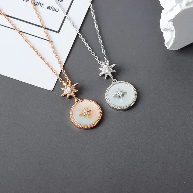 

Trendy Cubic Zirconia Silver Star Pendant Necklace Korean White Shell Necklace For Women Wedding Jewelry