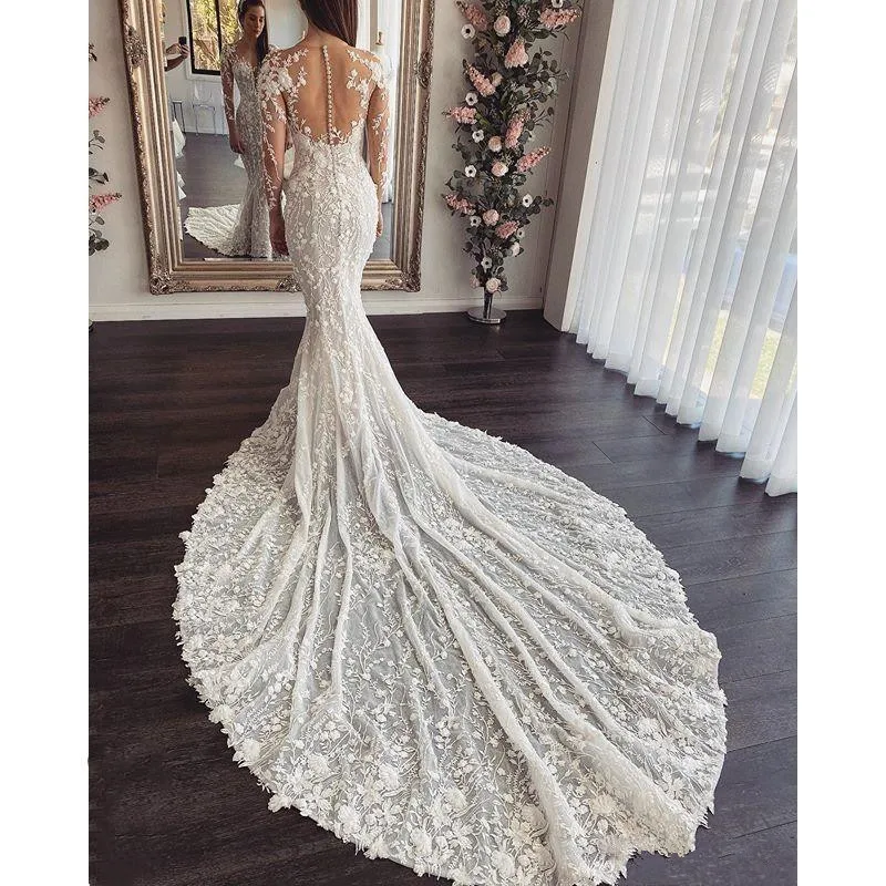 

Long Sleeve Cathedral Train Wedding Dresses 2020 Luxury 3D Floral Lace Sheer Jewel Neck Mermaid Garden Princess Bride gown