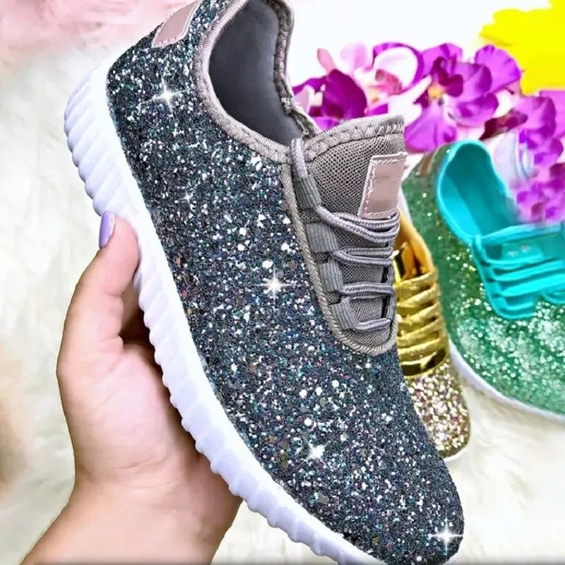 

Women's Sports Shoes Shiny Sequins Lace-up Running Shoes Lightweight Breathable Vulcanized Shoes Mesh Knitted Flat Casual Shoes