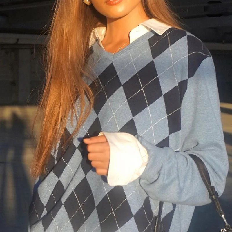 

2020 new sweater European and American style fashion plaid loose wool woven blouse