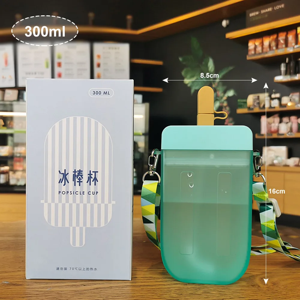 

Cute Straw Cup With Rope New Plastic Popsicle Water Bottle Outdoor Transparent Juice Drinking Cup Suitable For Adult Children
