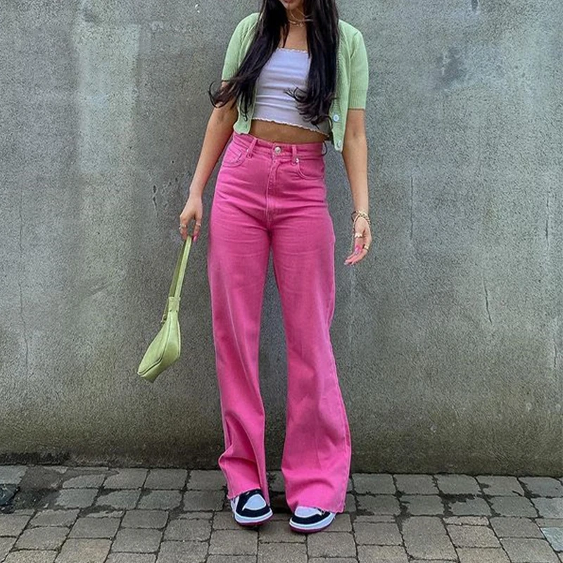 

Women Spring Summer Jeans Candy Color Middle-Waist Loose Straight Leg Denim Pants with Pockets for Girls