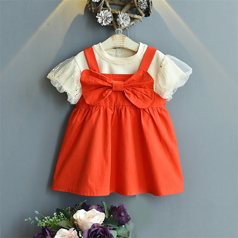 

2 Pcs Summer Fashion Toddlers Girls Outfits Solid Color O-Neck Short Puff Sleeve Tops+ Suspender Skirts Child Clothes Sets