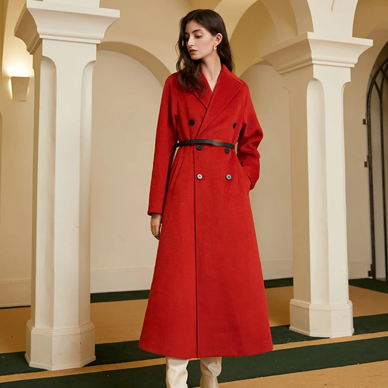 

SISPELL Pure Color Woolen Coat For Female Lapel Collar Long Sleeve High Waist With Belt Slimming Womens Elegant Coat Autumn