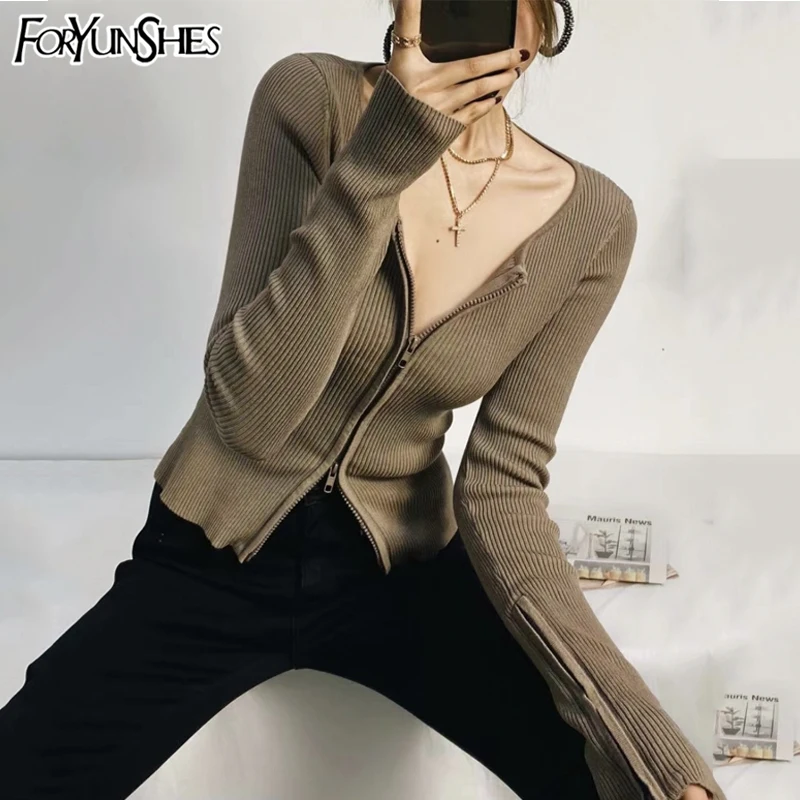 

Women Autumn 2021 Ribbed Knitting Zipper Bean Green Cardigan Sweater Sexy Long Sleeve O Neck Elegant Slim Crop Tops
