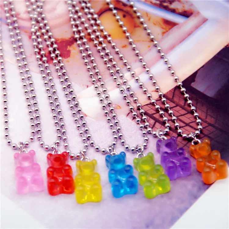 Модное разноцветное ожерелье с подвеской в виде мультяшного медведя из смолы для