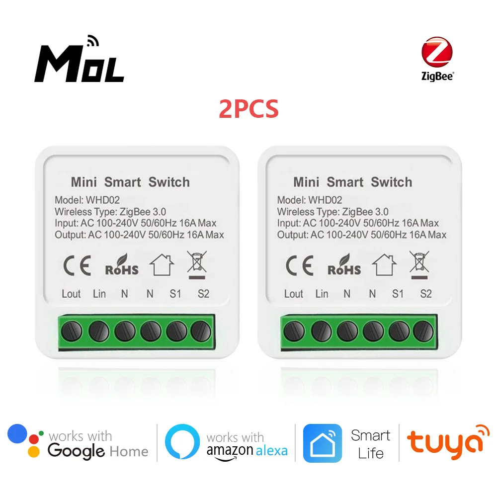 

2 шт. Tuya ZigBee 3,0 16A Мини Смарт Wi-Fi для переключателя «сделай сам» поддерживает связь с 2-мя способ Управление, система автоматического управлени...