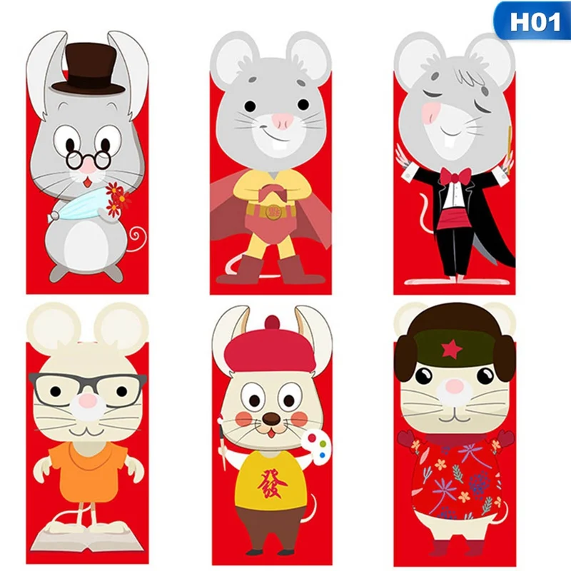 6 шт./компл. китайский новый год красный конверт для денег крысы пакет мешок