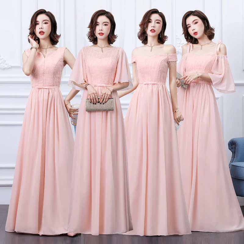 С открытыми плечами розовое длинное шифоновое платье для подружки невесты Junior