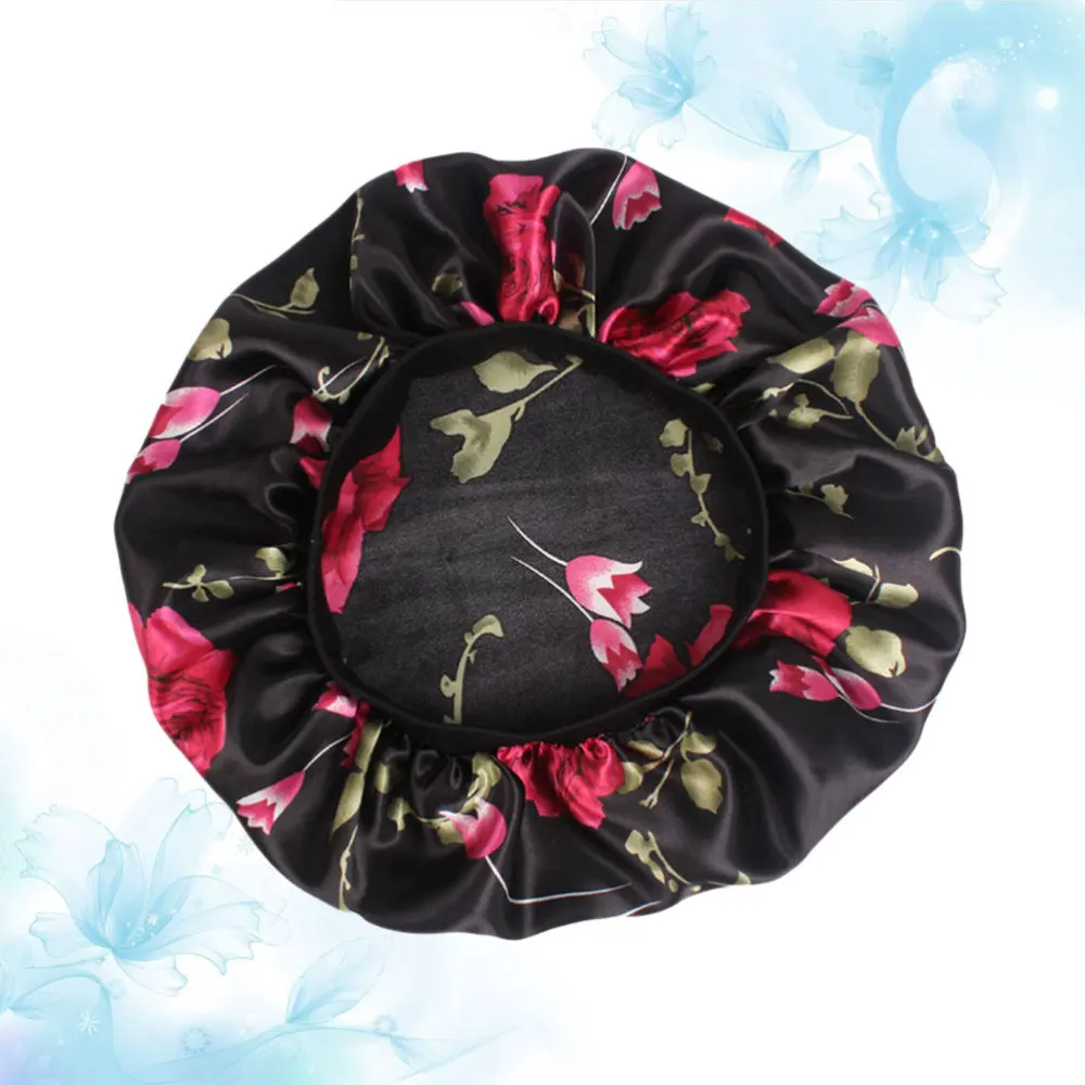 

Floral Nightcap Wide Side Sleeping Cap Hair Loss Cap Hats for Girls (Black Flower)