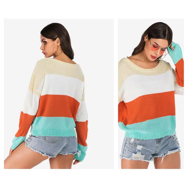 

Women Long Sleeve Waffle Knit Sweater Color Block Striped Pullover Jumper Tops BX0B