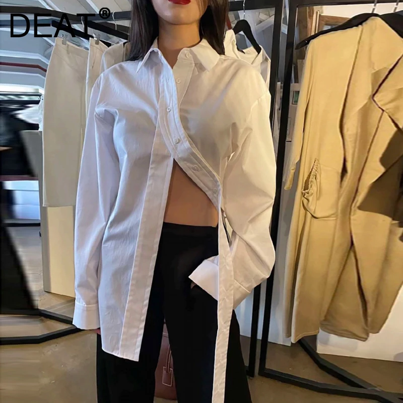 

Женская однобортная рубашка DEAT, хлопковая рубашка с отложным воротником и длинными рукавами, весна-осень 2021