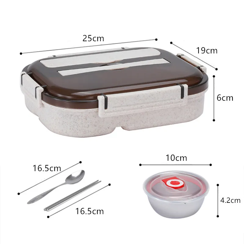 

Fashionable 1000ml Wheatgrass Bento Box with Stainless Steel Soup Bowl 4 Zone Bento Box Microwave Food Storage Container BPA Fre