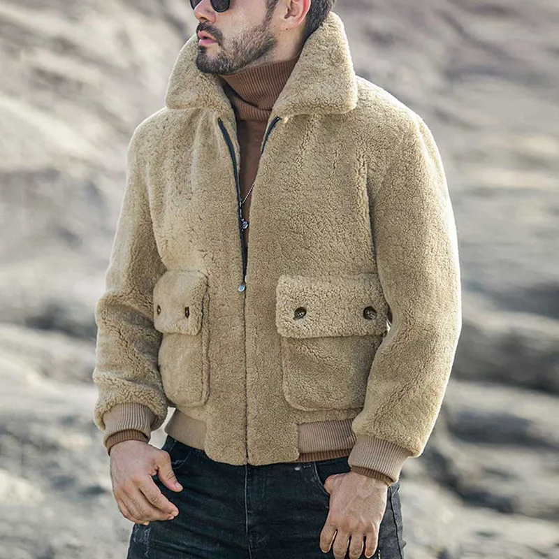 

Мужская одежда 2021 Осень/Зима куртка из овечьей шерсти на молнии с лацканами утепленная плюшевая куртка