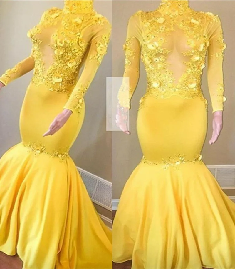 

Elegant Long Sleeve Yellow Formal Evening Dress 2021 Mermaid Illusion Appliques Vestidos Prom Party Gowns African Robe De Soiree