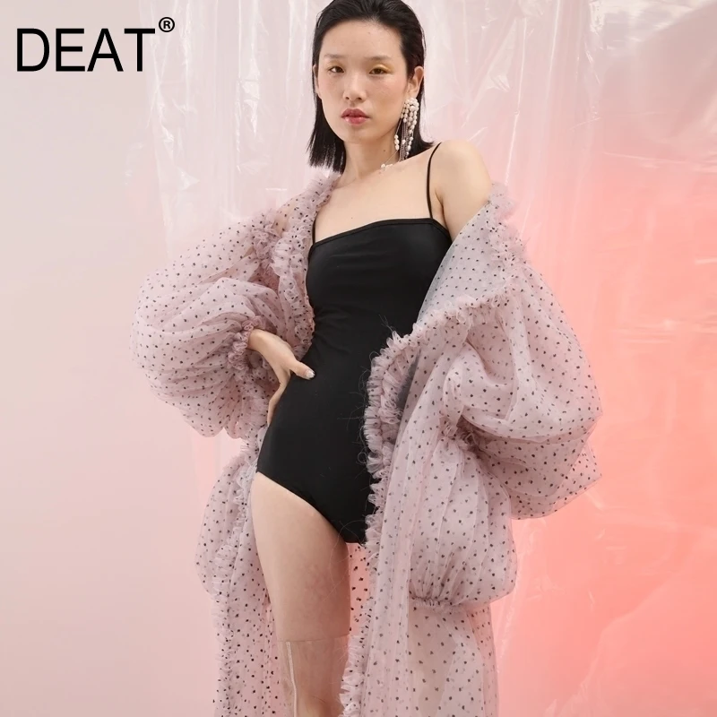 Женская блузка с длинным рукавом фонариком DEAT прозрачная длинная рубашка