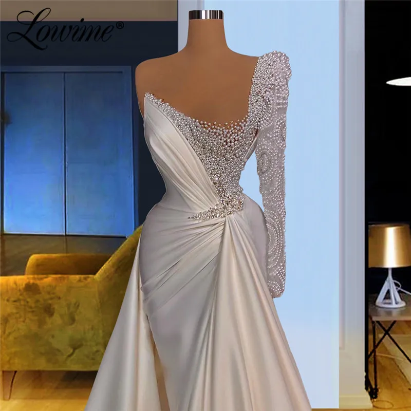 Lowime Luxury Pearl Beaded Long Evening Dresses Formal One Shoulder Middle East Women Party Gowns For Weddings Prom Dress Robes
