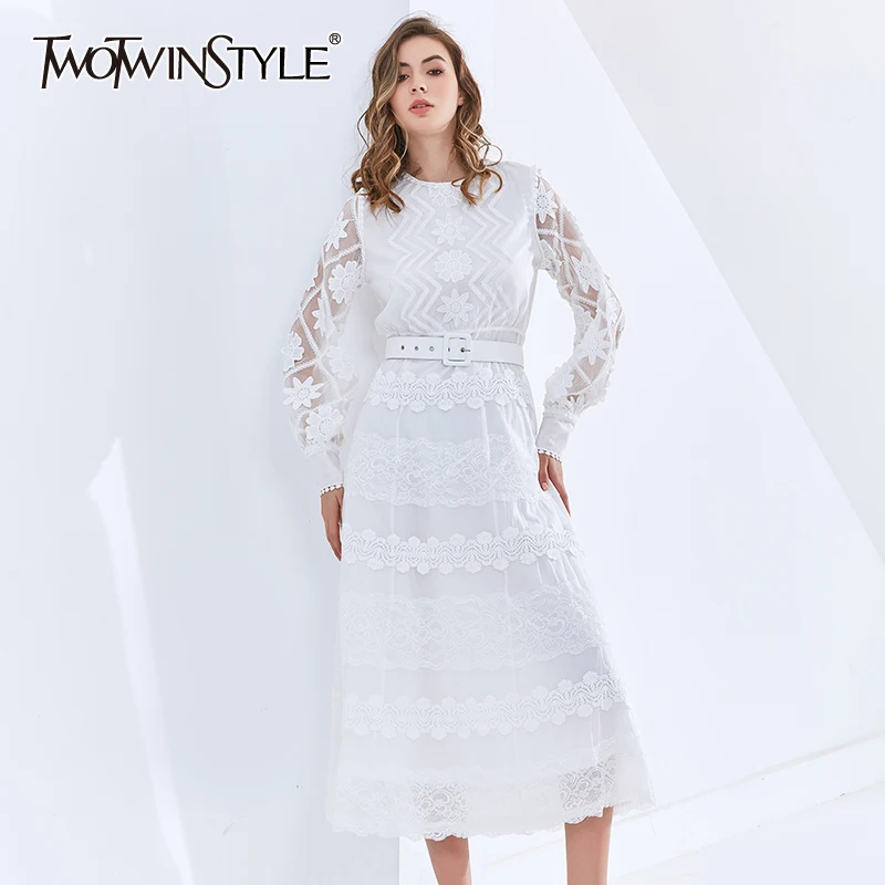 

TWOTWINSTYLE Patchwork Lace OL Dress For Women O Neck Long Sleeve High Waist Sashes Midi Dresses Female Fashion New Clothing
