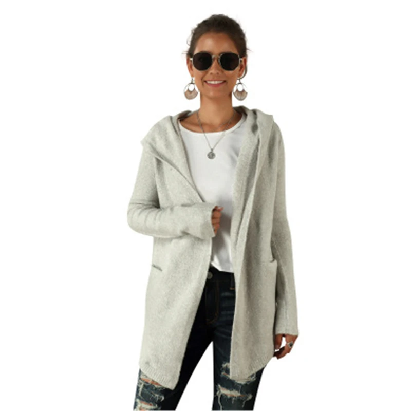 

2020 New Autumn And Winter Sweater Women Fashion Cardigan Solid color Hooded Simple Slim Pocket Long section Ladies Top High-end