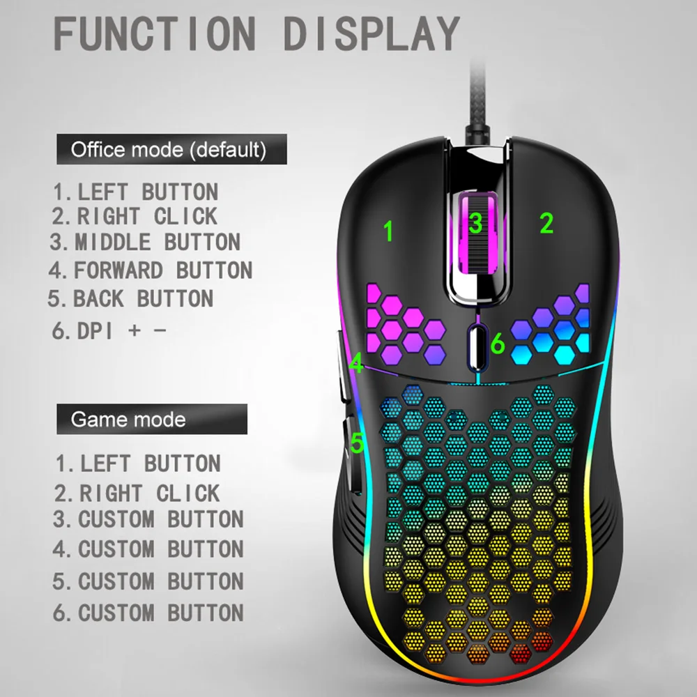 

Lightweight RGB Gaming Mouse 7200DPI Honeycomb Shell Ergonomic Mice with Ultra Weave Cable For Computer Gamer PC Desktop