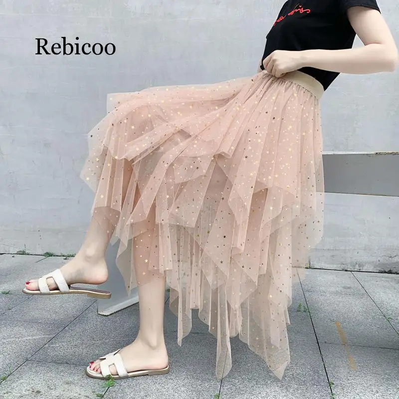

Women's Skirt 2019 New Korean Sequins Elegant High Waist A-line Pleated Elastic Belt Midi Skirt