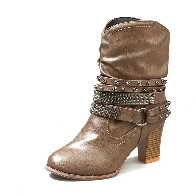 

Vintage Belt Buckles Women Boots Autumn Winter Patchwork Square Heels Round Toe Ankle Boots Ladies Boots 758