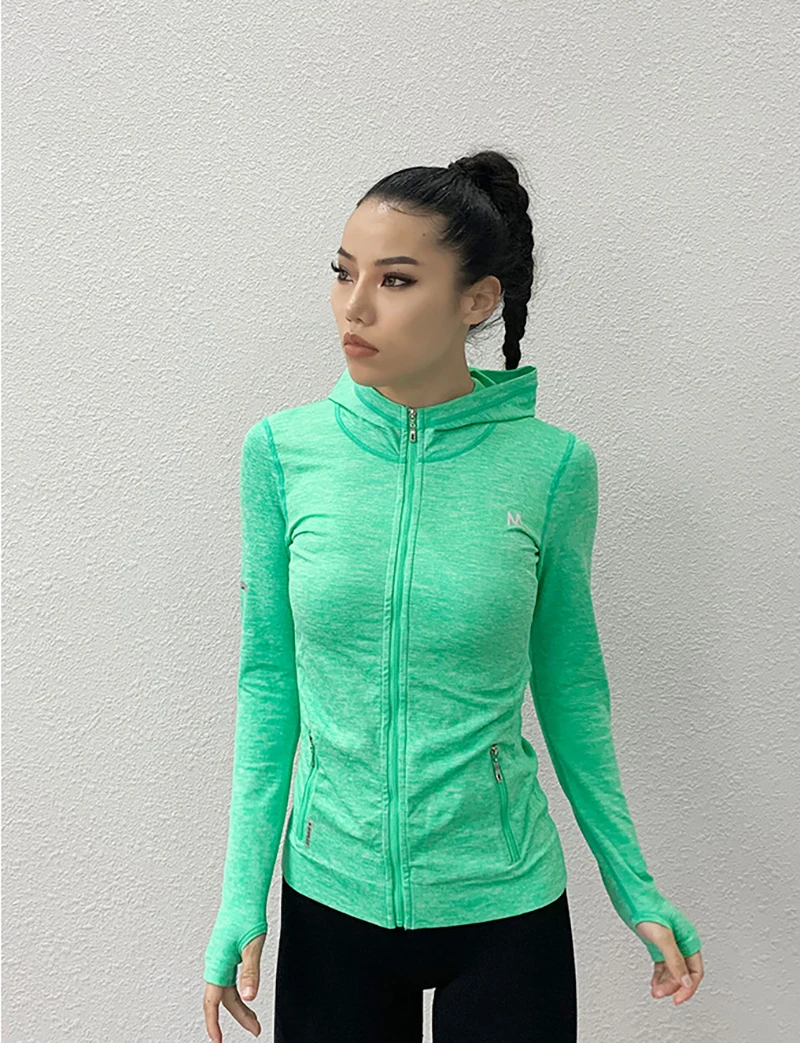 SALSPOR, Женская Спортивная одежда для бега, на молнии, с длинным рукавом, для йоги, фитнеса, топ, быстросохнущая, тонкая одежда для спортзала, осенняя женская спортивная куртка с капюшоном