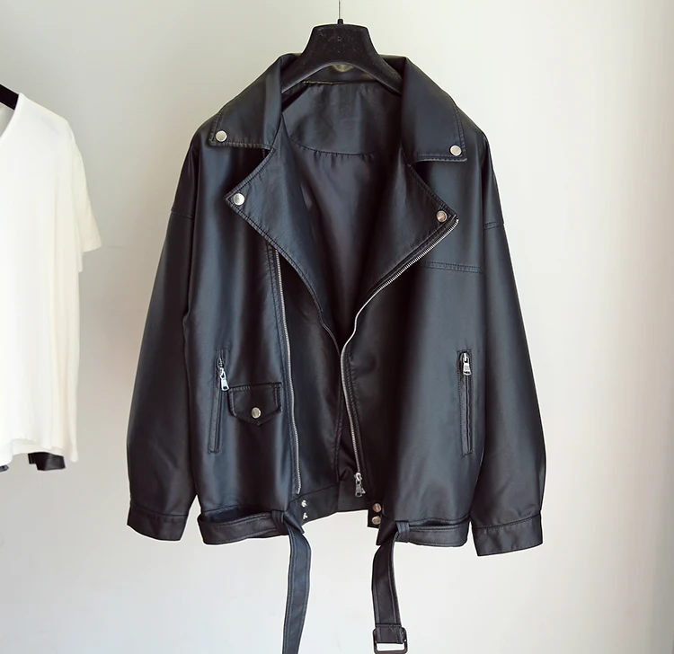 

Women Loose Pu Leather Jacket Black Soft Faux Leather Jacket Street Moto Biker Leather Coat Jacket Lady Casual Outerwear