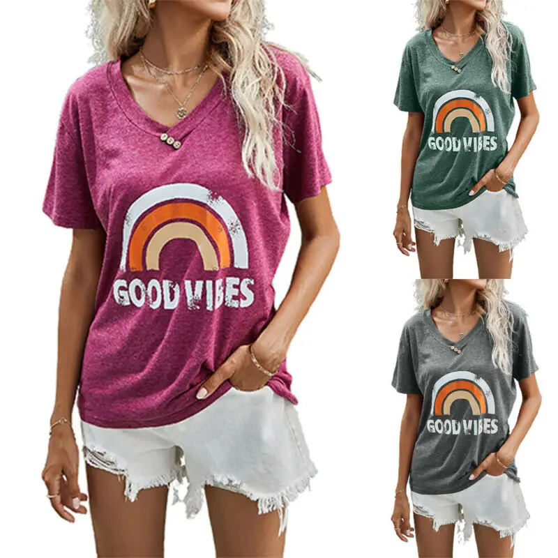 

Summer V-Neck Button Loose Tops Tees Rainbow Printed tShirt Women Short Sleeve Casual Pullover Women's t Shirt Girls Shirts
