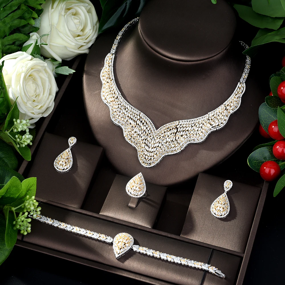 

HIBRIDE Luxury Double Tone Women Wedding Bridal Jewelry Set Cubic Zirconia Necklace Dubai Dress Jewelry Set For Gifts N-853