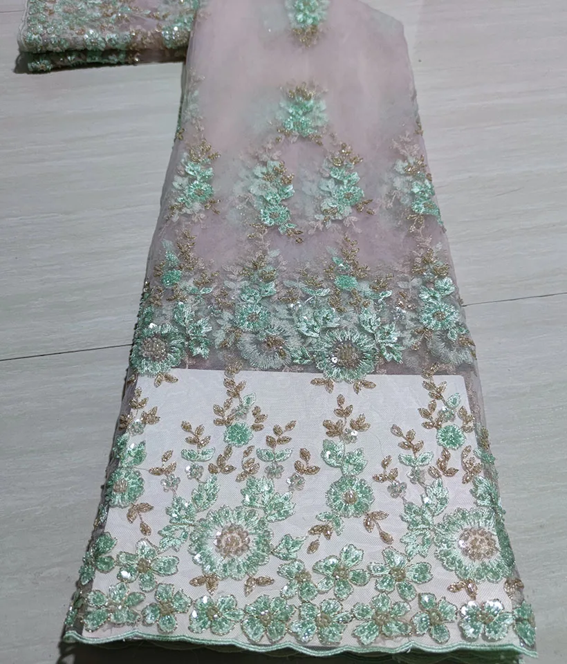 

Nigerian Mesh Net Lace Fabric African Sequins/Beaded Lace Fabric High Quality French Mesh Tulle Lace Fabric With Sequins Wedding