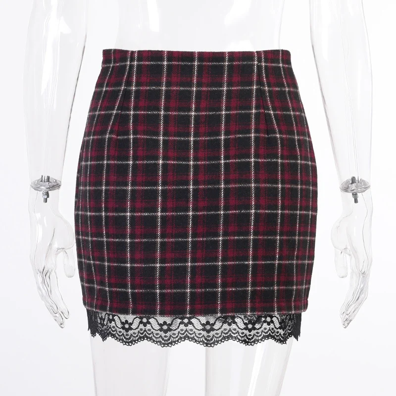 

Spring Fashion Slim Cute Sexy Patchwork Lace Chinese Buttons Woven Plaid High Waist SML Woman Casual Sheath Skirt Lady Skirt