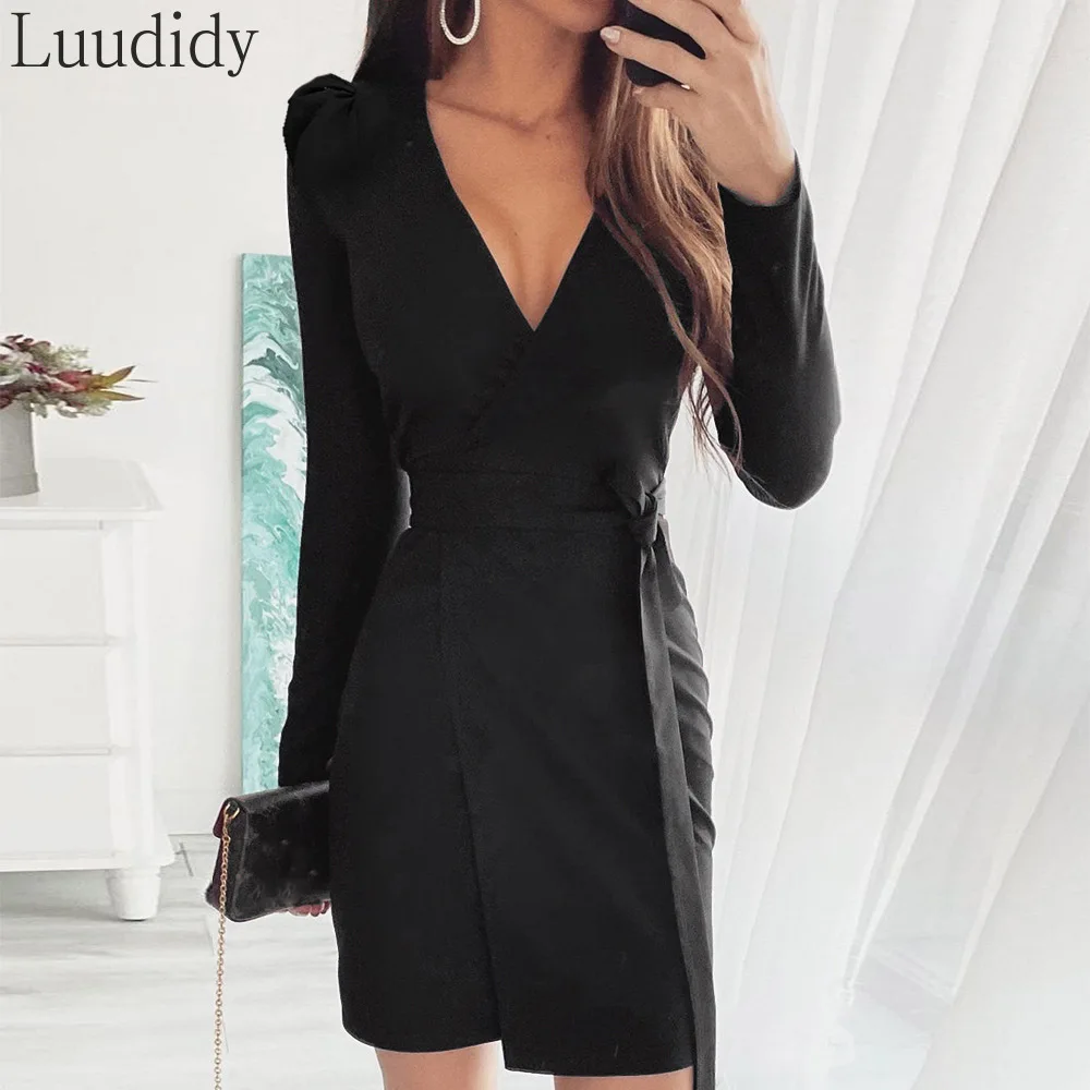 Women V-Neck Ruched Wrap Long Sleeve Skinny Mini Dress Vestido