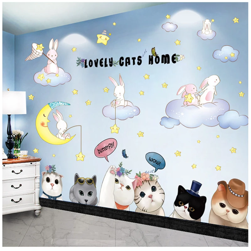 

[SHIJUEHEZI] Rabbits Clouds Wall Stickers DIY Cats Animal Mural Stickers for Kids Rooms Baby Bedroom Children Home Decoration