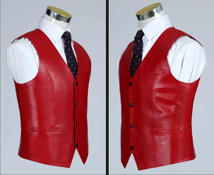 Мужской красный жилет из натуральной кожи 100% кожаная куртка овчины Приталенный