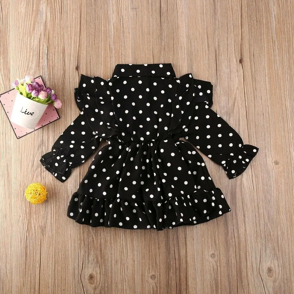 1-7Y Toddler Baby Girls Dress Clothes Princess Long Sleeve Ruffle Swing Dot Print Casual Outfits | Детская одежда и обувь