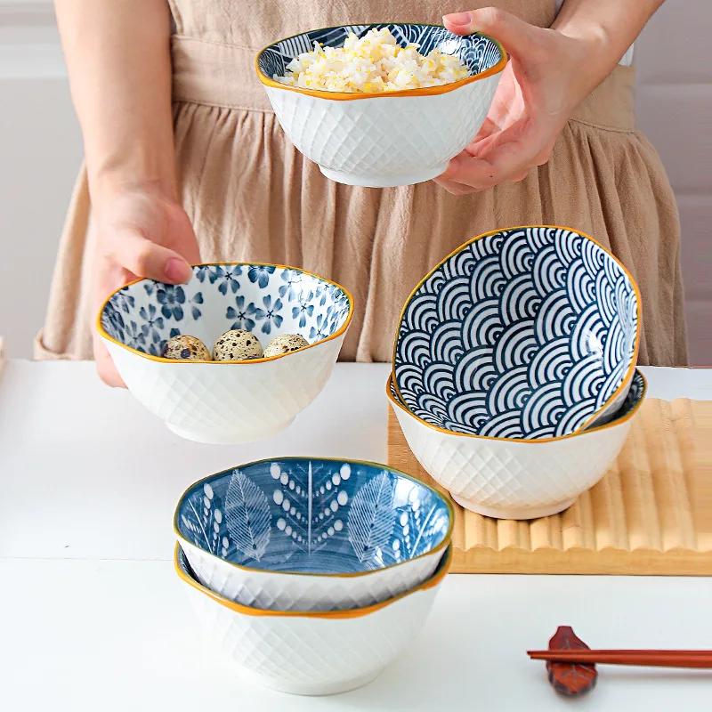 

5 Inch Japanese Style Ceramic Rice Bowl Octagonal Bowls Small Soup Bowl Hand Painted Household Underglaze Tableware Dinnerware