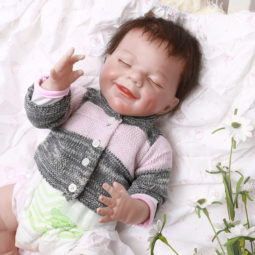 

17"Reborn Baby Doll With Sweater Coat Realistic Lifelike Eyes closed Baby Reborn Doll With Crooked Mouth Handmade Bonecas Dolls