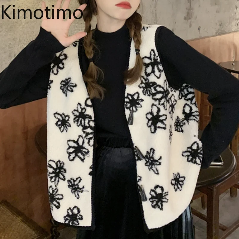 

Kimotimo Flowers Faux Lamb Wool Vest Women Autumn Winter New V-neck Outwear Waistcoat Korean Chic Overlap Sleeveless Cardigan