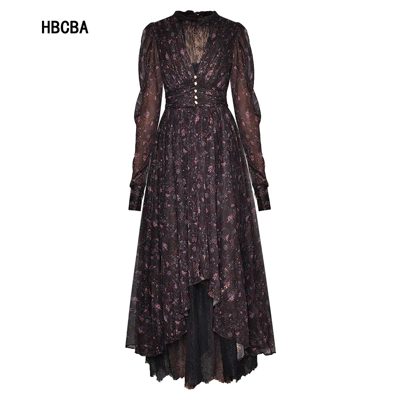 

HBCBA Fashion Designer dress Spring Women's Dress Long sleeve Ruched Floral-Print Lace Asymmetrical Vacation Dresses