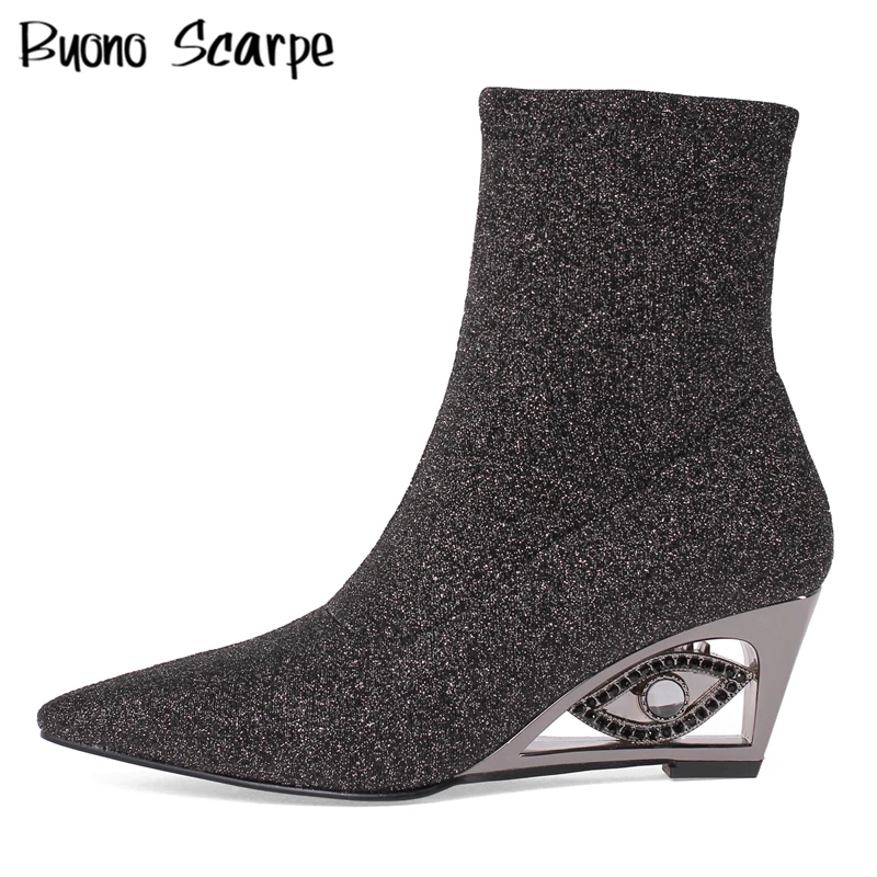 

Elastic Women Ankle Boots Strange Eye Heel Short Botas Muher Bling Sock Shoes Stretch Ladies Female Party Heel Shoes Rhinestones